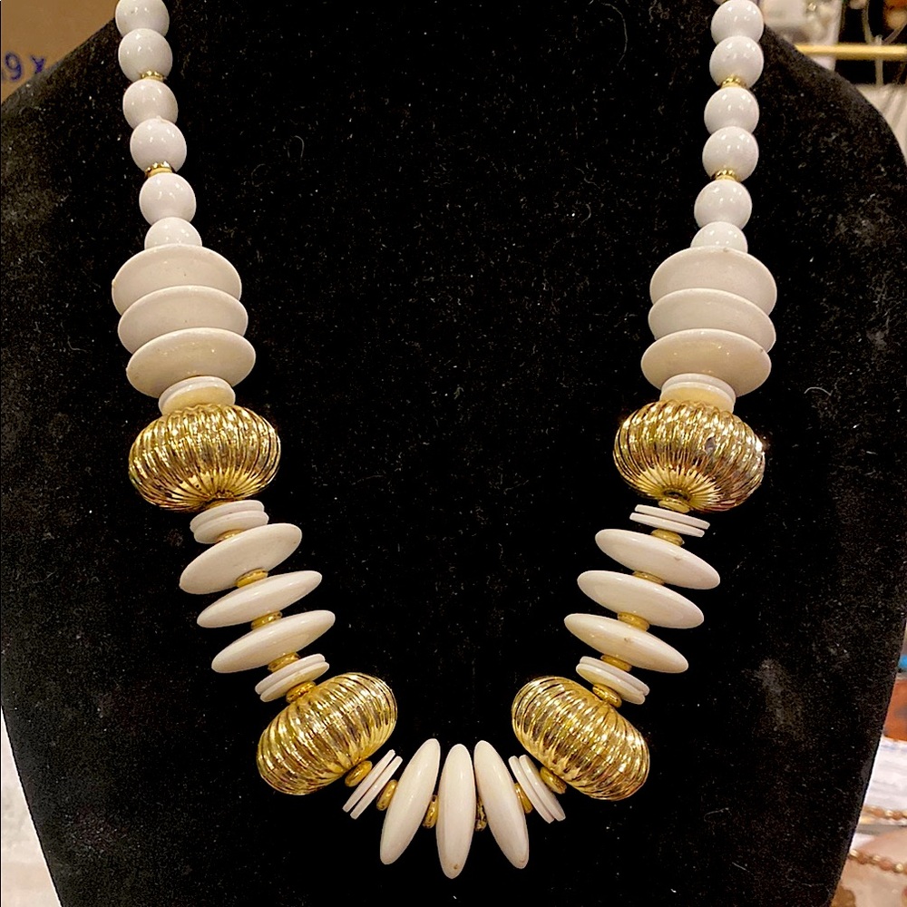 Classic White Lucite Necklace with Gold Tone Accents